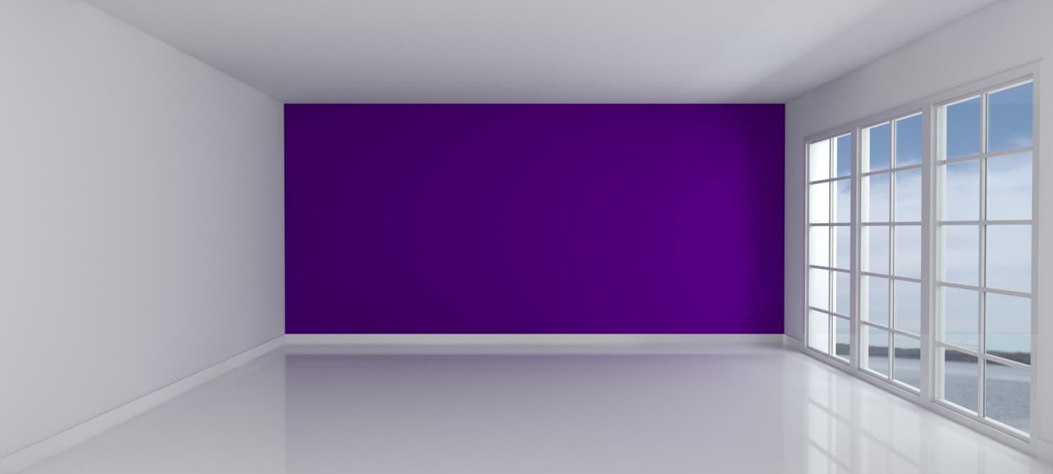 Purple Branditude display wall in a bright room