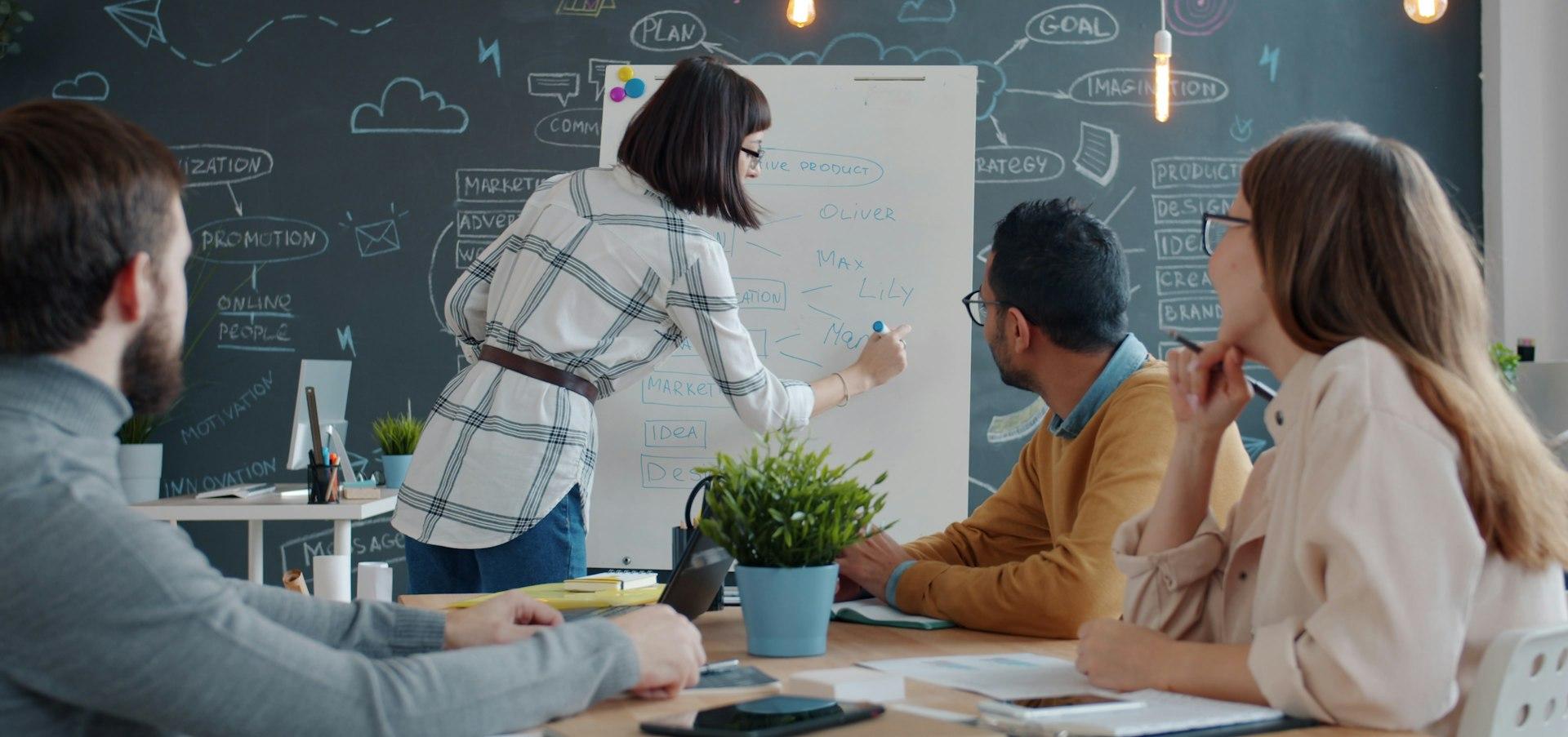 Creative team mapping out a brand strategy on a whiteboard